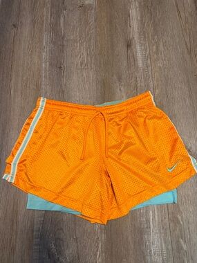 Nike Dri Fit Orange Athletic Mesh Shorts with Light Blue Liner